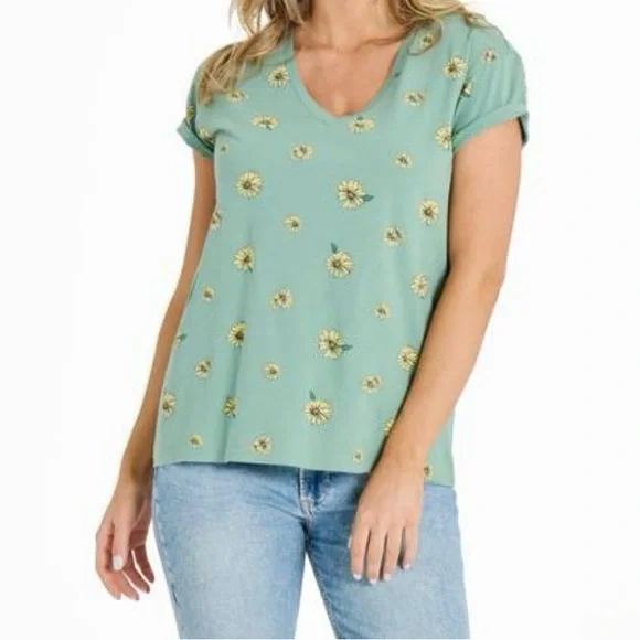 Sunflower V-Neck Crusher Tee by Life Is Good—Green - Picture 1 of 6